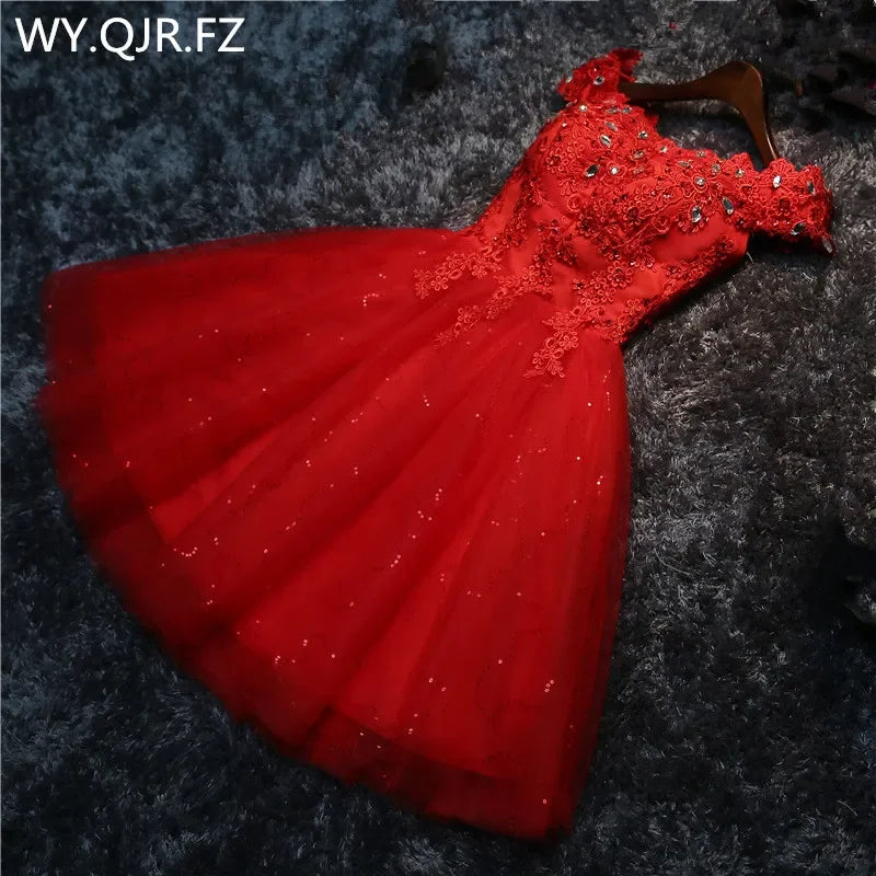 LYG-A5#Bridesmaid Dresses Drill Lace Up Red And White Short Wedding Party Prom Dress Wholesale Bride Marry Girls Graduation LUXLIFE BRANDS