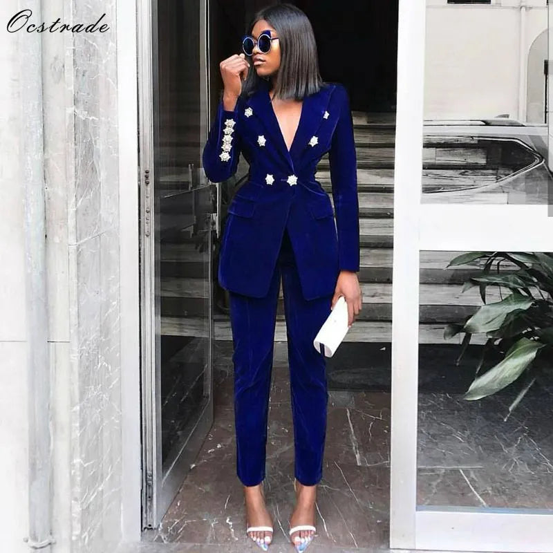 Ocstrade Summer Sets for Women 2020 New Navy Blue V Neck Long Sleeve Sexy 2 Piece Set Outfits High Quality Two Piece Set Suit LUXLIFE BRANDS