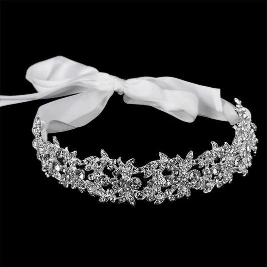 Handmade Crystal Flowers Ribbon Bridal Headband Tiara Crown Silver Plated Wedding Hair Accessories Rhinestone Women Head Pieces LUXLIFE BRANDS