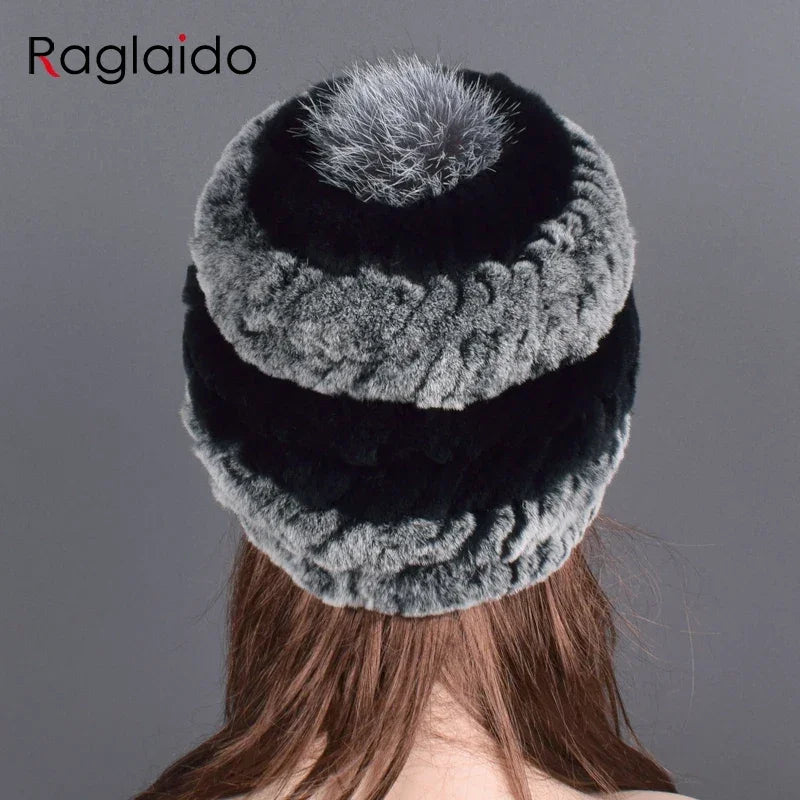 rex rabbit fur hat cap women's winter pompom caps warm natural fur knitted elastic black gray fox ball female bomber hats girsl LUXLIFE BRANDS