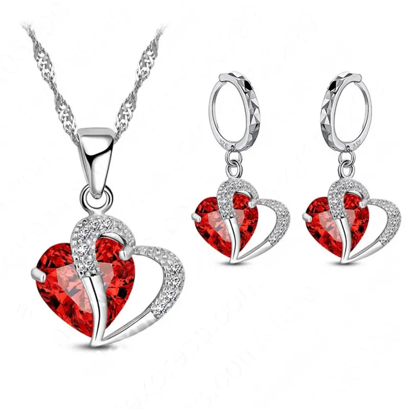 Luxury Women 925 Sterling Silver Cubic Zircon Necklace Pendant Earrings Sets Cartilage Piercing Jewelry Wedding Heart Design LUXLIFE BRANDS