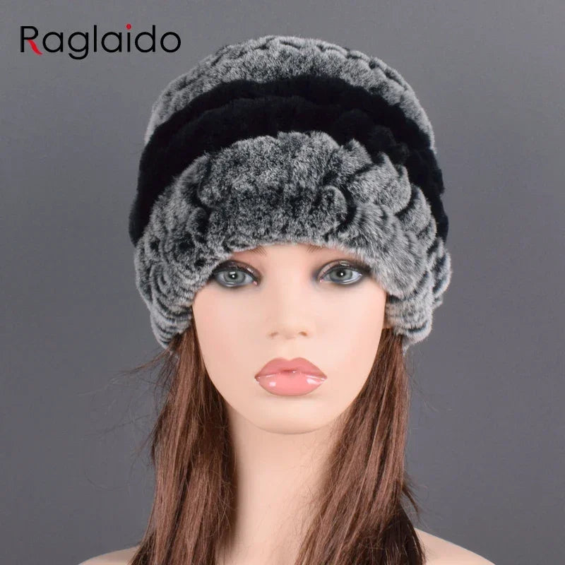 rex rabbit fur hat cap women's winter pompom caps warm natural fur knitted elastic black gray fox ball female bomber hats girsl LUXLIFE BRANDS