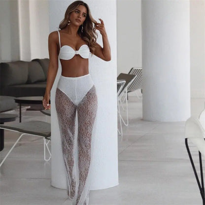 BKLD Sexy Women High Waist Pants New 2019 Black White Lace Sheer Wide Leg Pants Ladies Sexy Beach Cover Up Trousers Flare Pants