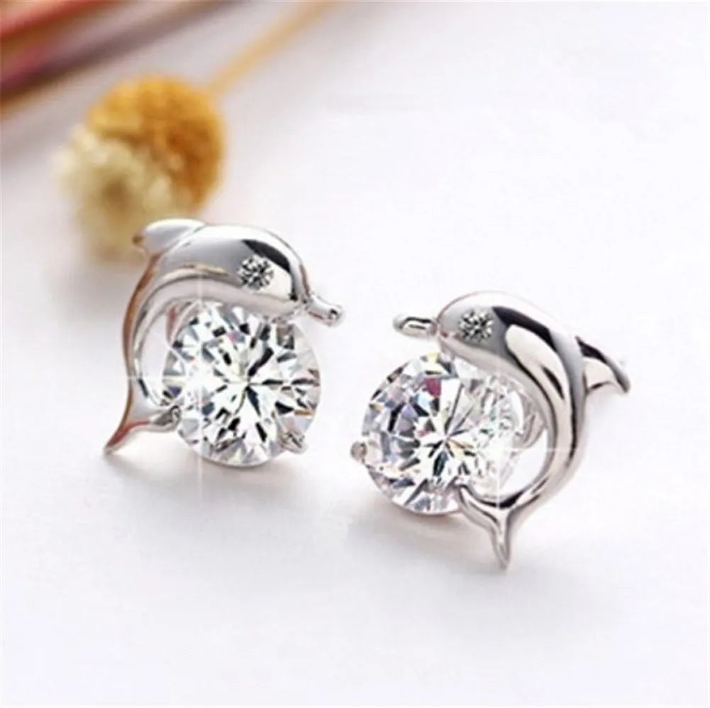 Dolphin Stud Earrings High Quality 925 Stering Silver Round Cut AAA Zircon LUXLIFE BRANDS