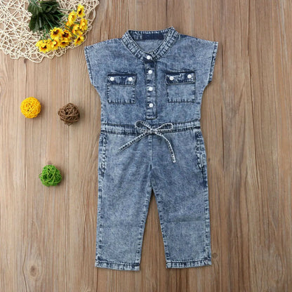 Summer Toddler Kids Baby Girl Clothing Denim Sleeveless Romper Jumpsuit Playsuit Long Pants Outfits 1-6T
