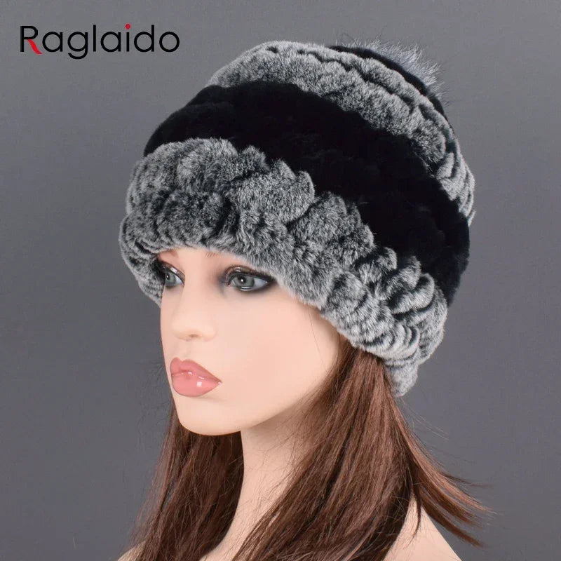 rex rabbit fur hat cap women's winter pompom caps warm natural fur knitted elastic black gray fox ball female bomber hats girsl LUXLIFE BRANDS