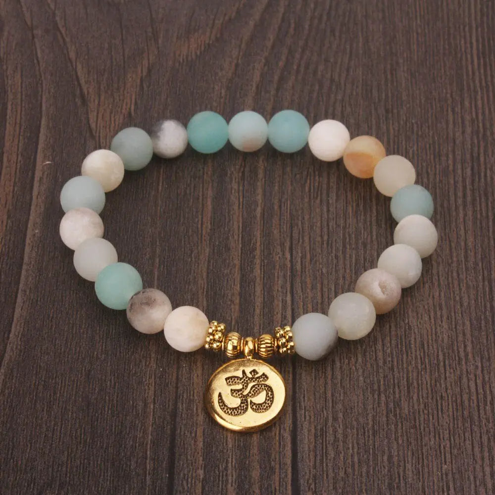 1pcs 8mm Matte Frosted Amazonite Beads With Lotus OM Buddha Charm Yoga Bracelet Wholesale