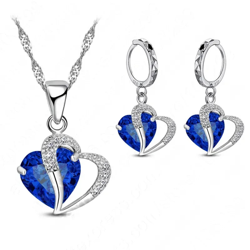 Luxury Women 925 Sterling Silver Cubic Zircon Necklace Pendant Earrings Sets Cartilage Piercing Jewelry Wedding Heart Design LUXLIFE BRANDS