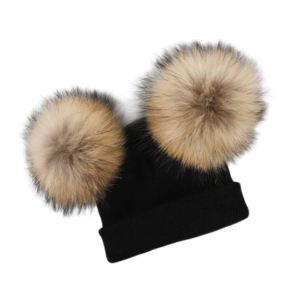 Winter Kids Knit Natural Raccoon Fur Double Pompom Hat For Girls Crochet Real Hair Baby Cap Scarf Children Beanie Bonnet LUXLIFE BRANDS
