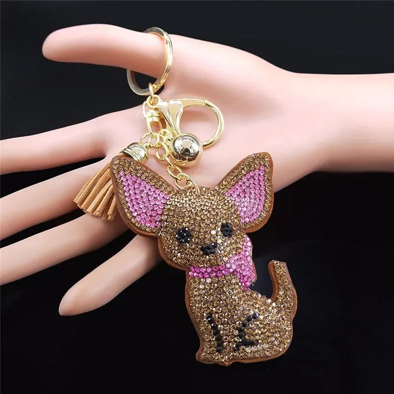 Cute Chihuahua Dog Crystal Keychain Bag Accessories for Women Gold Color Female Keyring Jewelry llaveros para mujer K7326S01 LUXLIFE BRANDS