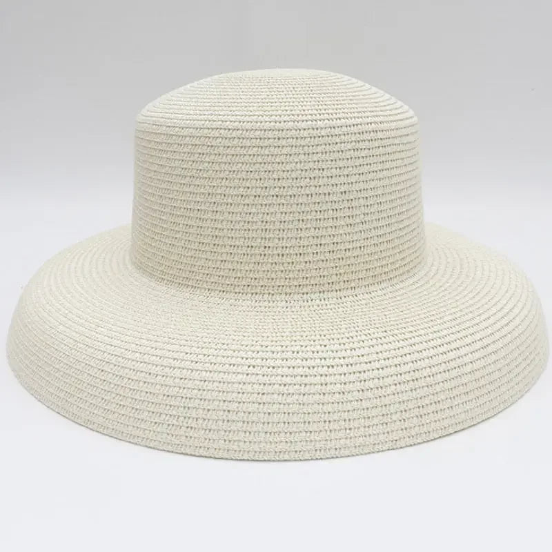 HT2303 2023 New Summer Sun Hats Ladies Solid Plain Elegant Wide Brim Hat Female Round Top Panama Floppy Straw Beach Hat Women