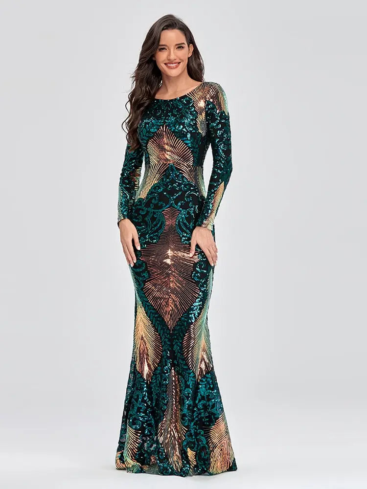 O-neck Long-Sleeve Shinning Sequins Evening Dresses Sexy Backless Mermaid Party Gowns Maxi Elegant Multi Female Robes Vestidos