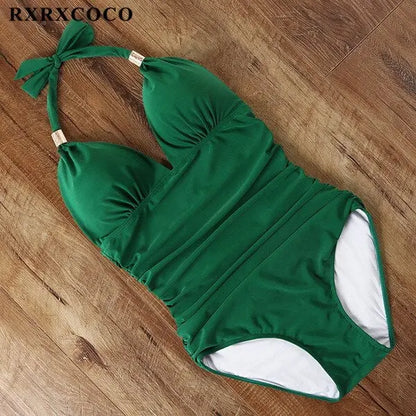 RXRXCOCO Women's Swimsuit One Piece Push Up Swimwear Women Neck Hanging Backless Sexy Bathing Suit Black Blue Beachwear Swimsuit
