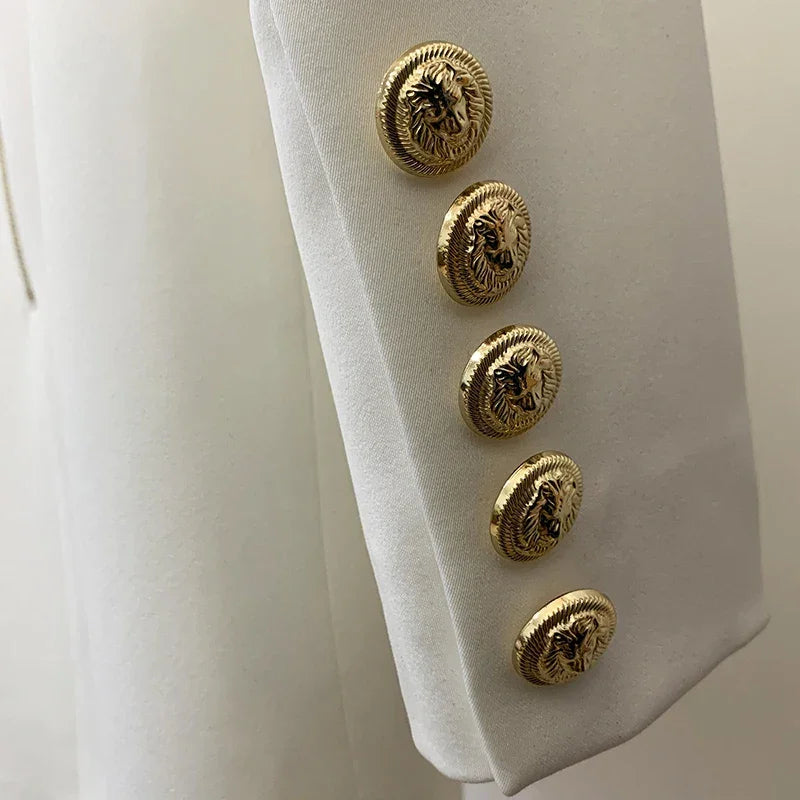 Designer Satin Notched Collar Blazer Dress With Metal Buttons