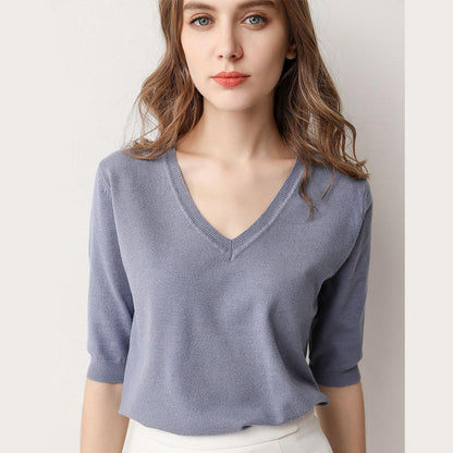 Spring/Summer 2023 Ladies Sweater Pullover Solid Color V-neck Half-sleeved Knitted Cashmere Sweater Thin Casual Top