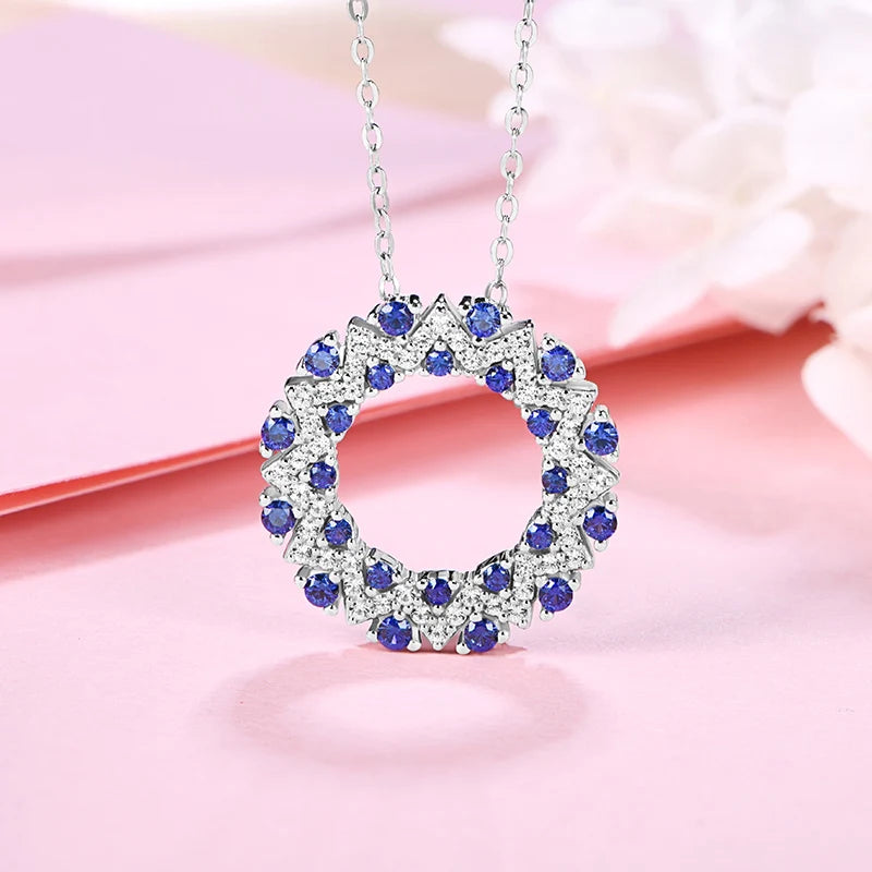 ATTAGEMS Created Blue Sapphire Solid 925 Sterling Silver Halo Pendant Necklace For Women Christmas Engagement Wedding Party Gift