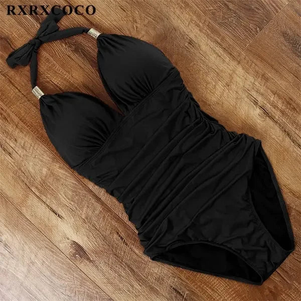 RXRXCOCO Women's Swimsuit One Piece Push Up Swimwear Women Neck Hanging Backless Sexy Bathing Suit Black Blue Beachwear Swimsuit