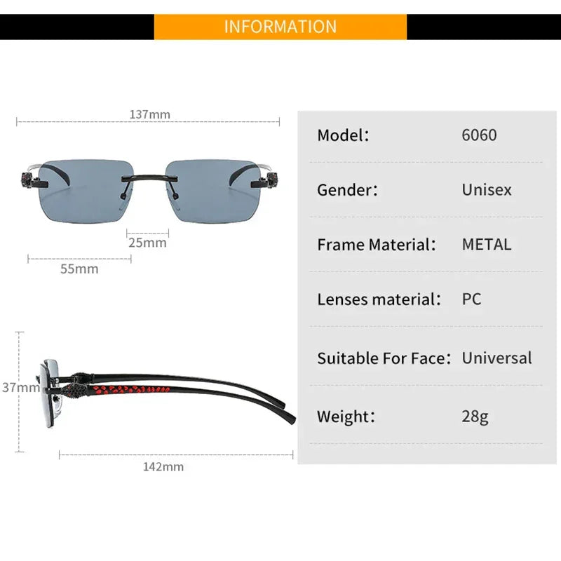 Vintage Fashion Rimless Small Square Sunglasses Women Men Luxury Brand Designer Travel Driving Metal Leopard Head Sun Glasses Luxlife Brands