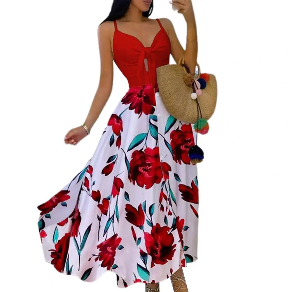 Women's Sling Long Dresses Summer Floral V-Neck Sleeveless Party Dress Beach Print Maxi Dress Casual Sundress 2021 New Fashion
