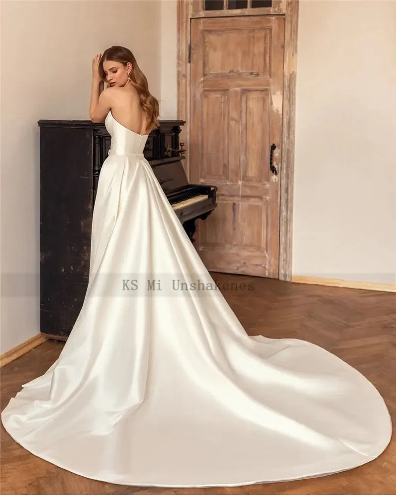 Ivory Satin Detachable Train Mermaid Gown LUXLIFE BRANDS