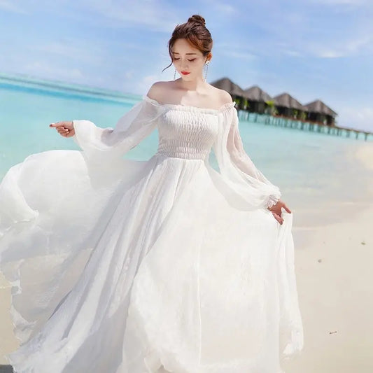 White Dress Elegant Fairy Chiffon Off Shoulder Dress Maxi Long Sleeve Sexy Beach Dresses Women Boho Summer Clothes 2024 Vintage LUXLIFE BRANDS