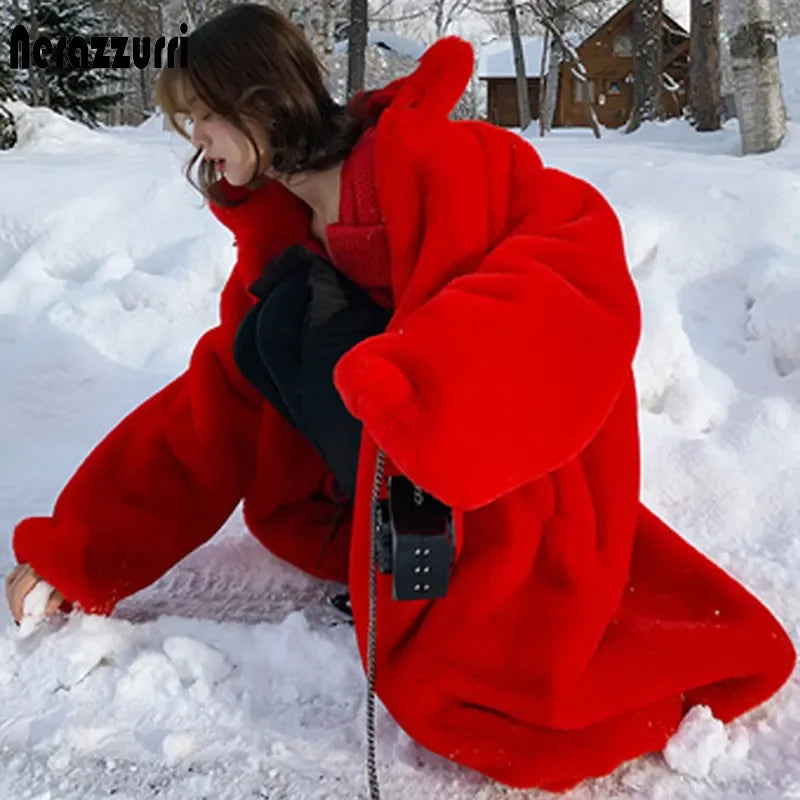 Nerazzurri Oversized Red Thick Warm Soft Fluffy Faux Fur Coat Women 2022 Raglan Seeve Stylish Thick Long Fur Coats for Winter LUXLIFE BRANDS