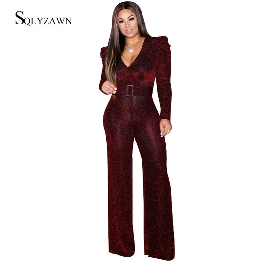 Women V Neck Long Sleeve Palazzo Jumpsuit Vintage Glitter Wide Leg Pants Romper with Belt Sexy Elegant Red Overalls Plus Size LUXLIFE BRANDS