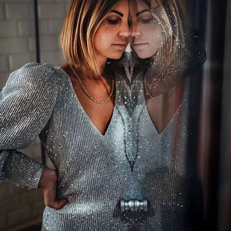 Elegant Women Sequined Tops 2021 Spring Fashion Ladies Vintage Silver Top Party Female Sexy V-Neck Tops Femme Girls Chic Clothes LUXLIFE BRANDS