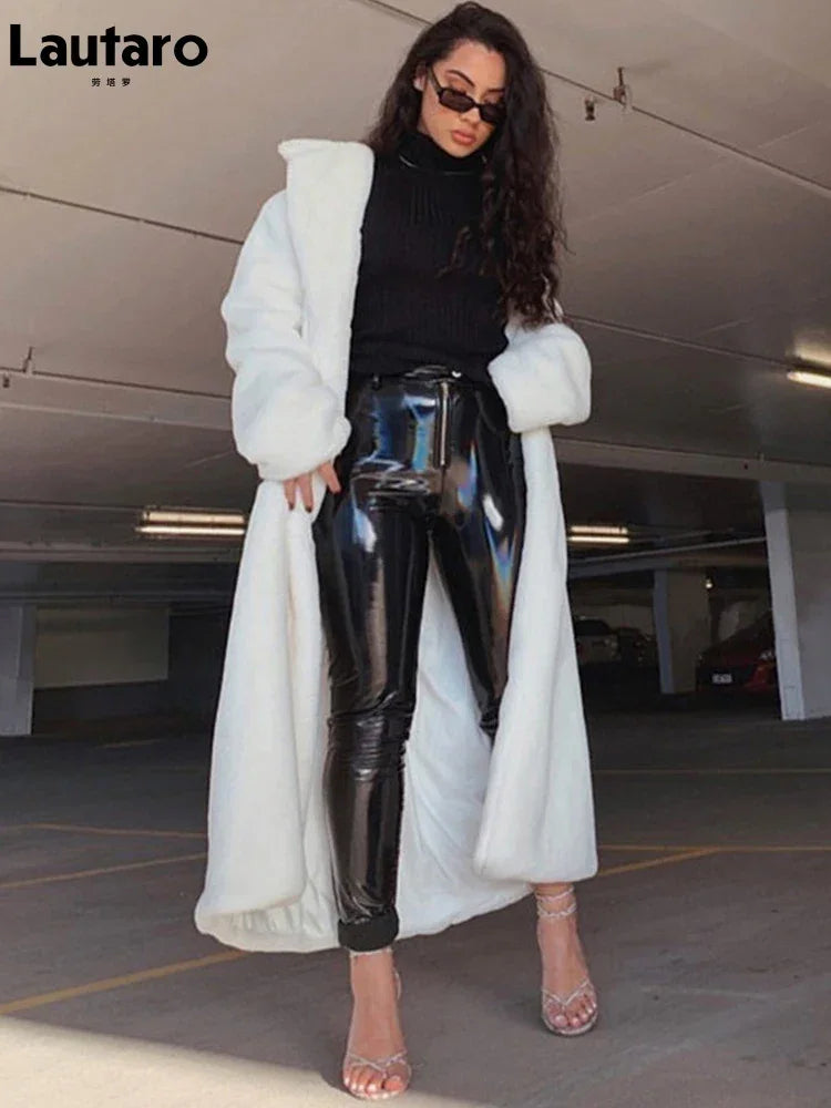 Lautaro Winter Long White Fluffy Warm Oversized Faux Fur Coat Women with Hood Lapel Sashes Loose Korean Fashion 2021 Outerwear LUXLIFE BRANDS