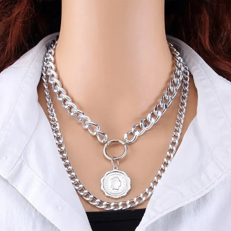 Vintage Multi Layered Gold Color Portrait Chain Chokers Necklace for Women Fashion Coin Thick Chain Pendant Necklace Jewelry