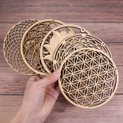 Chakra Flower of Life Natural Wood Coasters For Crystal Set