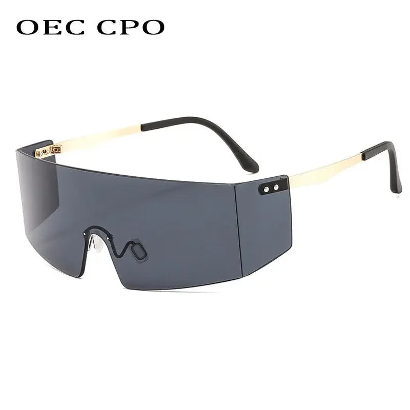 OEC CPO Fashion Rimless Sunglasses Women Men Big Flat Top Glasses Oversized Sunglasses Female Mirror Goggle UV400 O596