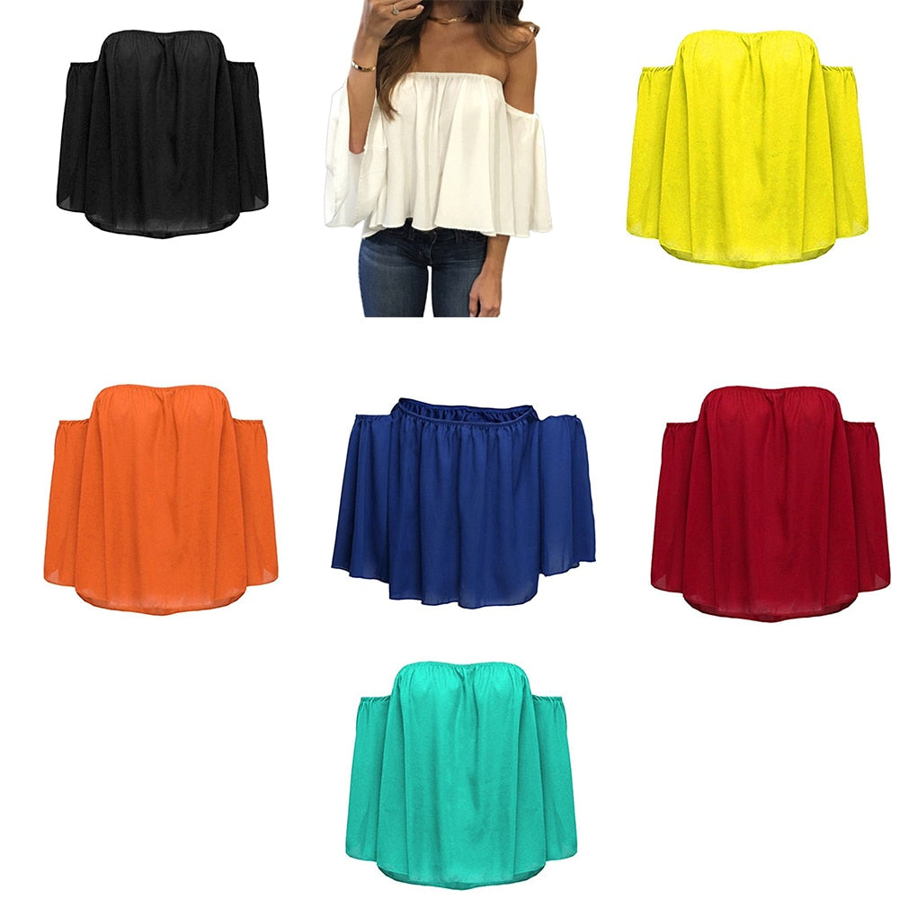 Spring Summer Fashion Stylish Women Off Shoulder Casual Blouse Shirt Tops Strapless Pure Solid Color Bell Puff Sleeve Tops