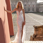 Mermaid Lace Backless Side Split Spaghetti Strap Bridal Gown LUXLIFE BRANDS