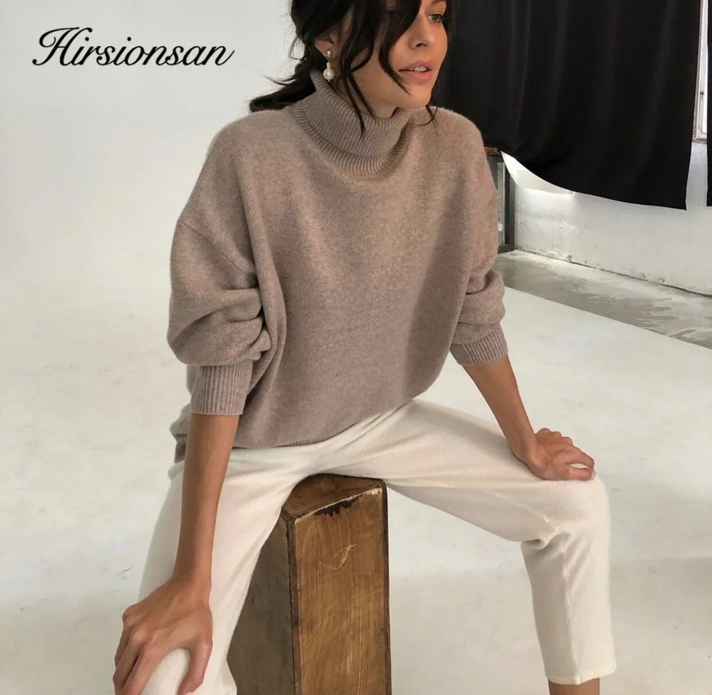 Hirsionsan turtle Neck Solid Cashmere Sweater Women Elegant Soft Warm Female Knitted Pullovers Basic Loose female Jumper LUXLIFE BRANDS