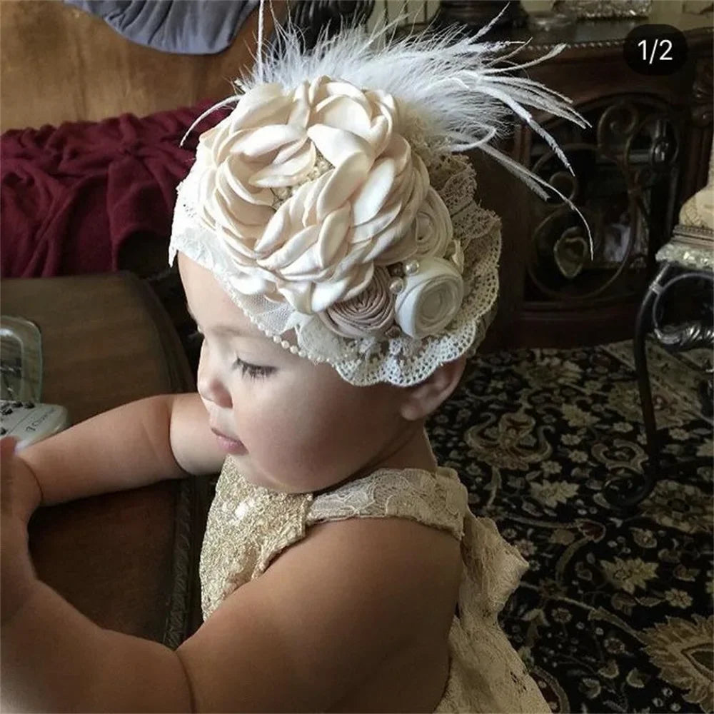 Vintage Flower Headband Baby Girls Headwraps Newborn Photography Props Gifts Lace Elastic Hair Bands Pearl Feather Accessories LUXLIFE BRANDS