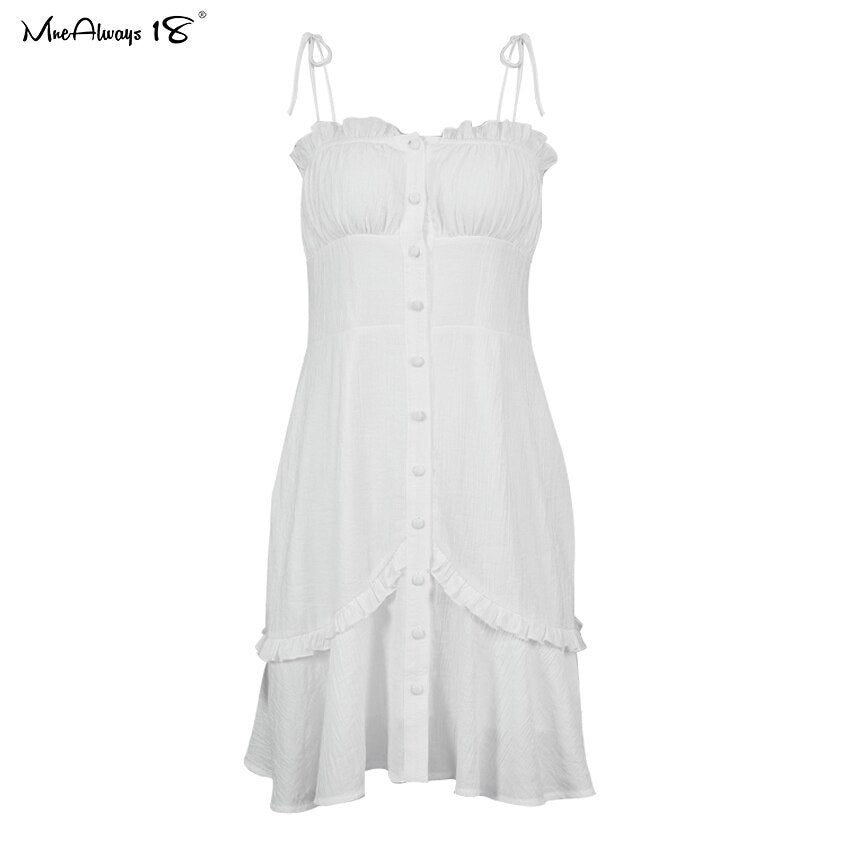 Mnealways18 Cotton White Spaghetti Strap Sexy Bodycon Dress Women Breasted Mini Sundress Summer Lace-Up Ladies Corset Dress 2023