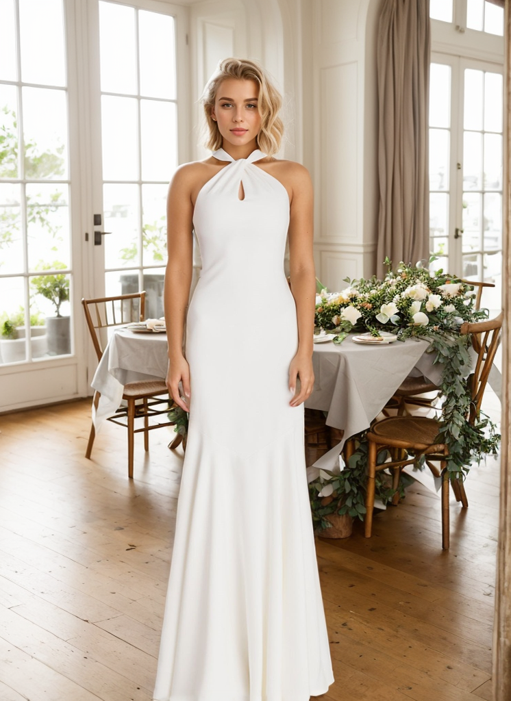 Haltered trumpet style Greece Goddess dress minimalist modern Satin wedding dress little white dress SelenaHuanStudio