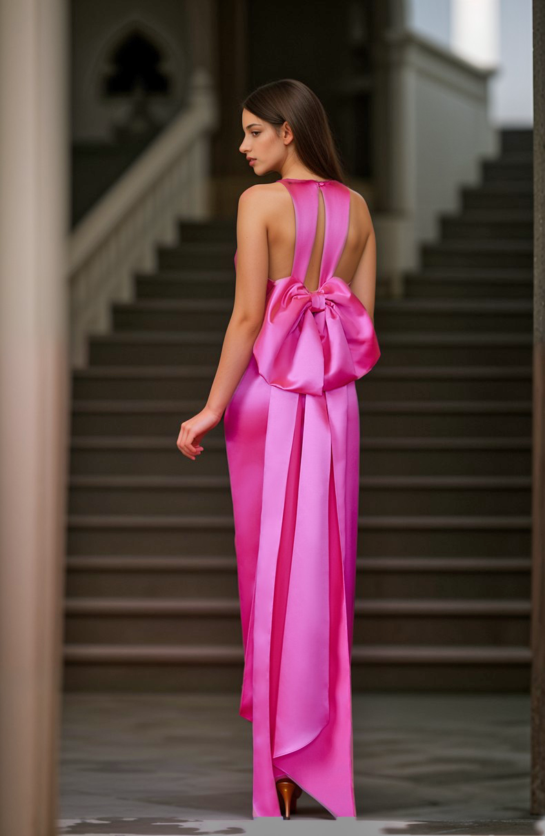 Haltered bow design back sheath silky satin prom dress with bow-tie multiple colors SelenaHuanStudio