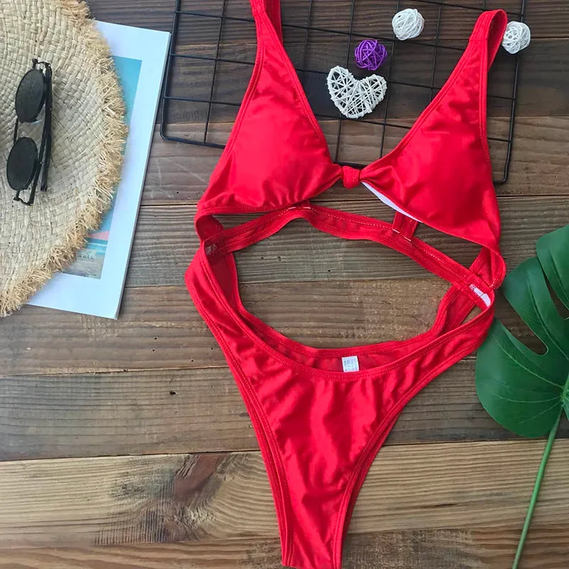 Sexy Cut Out One Piece Swimsuit Women Swimwear Thong Bathing Suit Black Red Green Swimming Beachwear Monokini