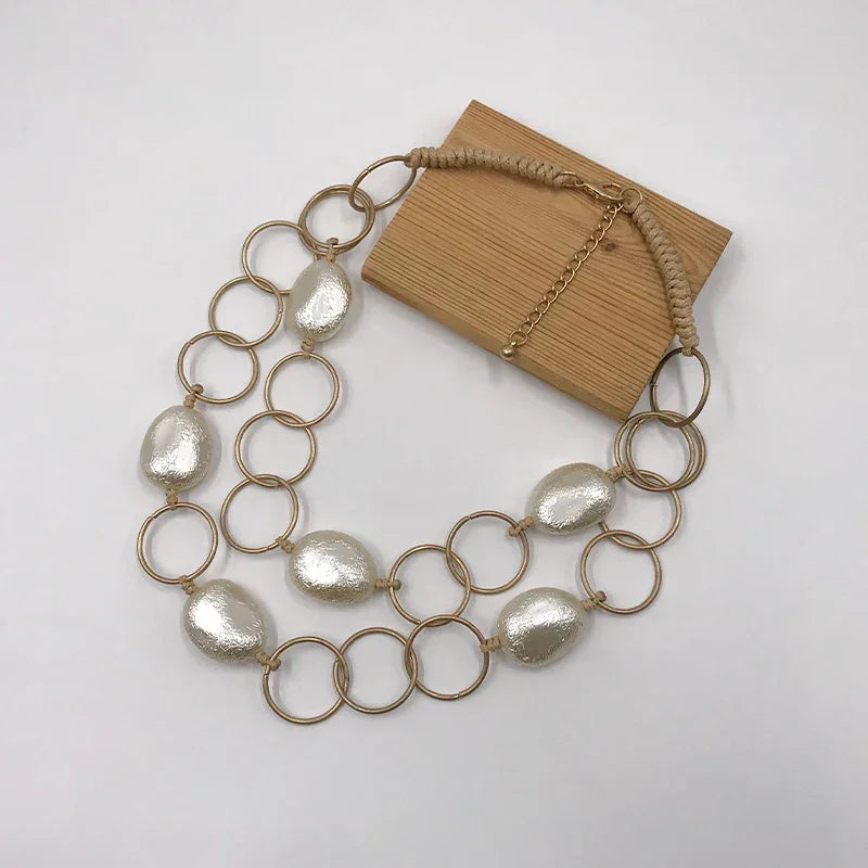 Suekees Boho Fashion Jewelry Gothic Collar Necklace Wax Cord Metal Link Pearl Beads Earthy Collares Necklace Women Accessories