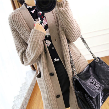 New Winter Cashmere Wool Sweater Knitted Casual Long Style Cardigan Women V-Neck Button Soft Sweater Female Long Sleeve Dress