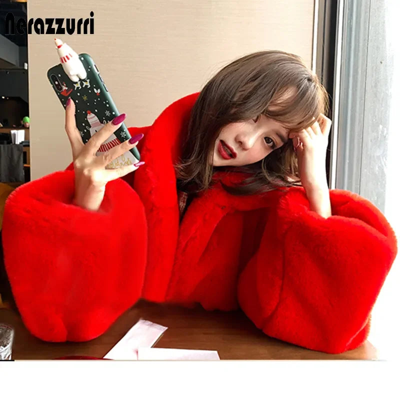 Nerazzurri Oversized Red Thick Warm Soft Fluffy Faux Fur Coat Women 2022 Raglan Seeve Stylish Thick Long Fur Coats for Winter LUXLIFE BRANDS