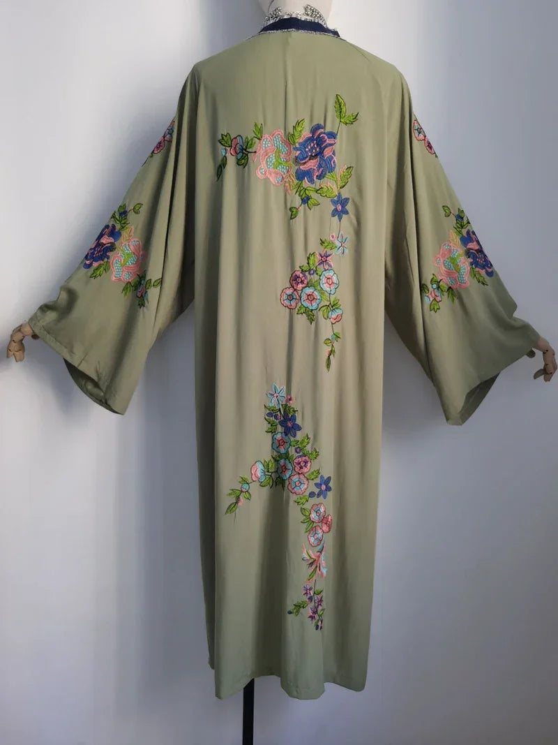 Long Boho Floral Embroidery Beach Kimono LUXLIFE BRANDS