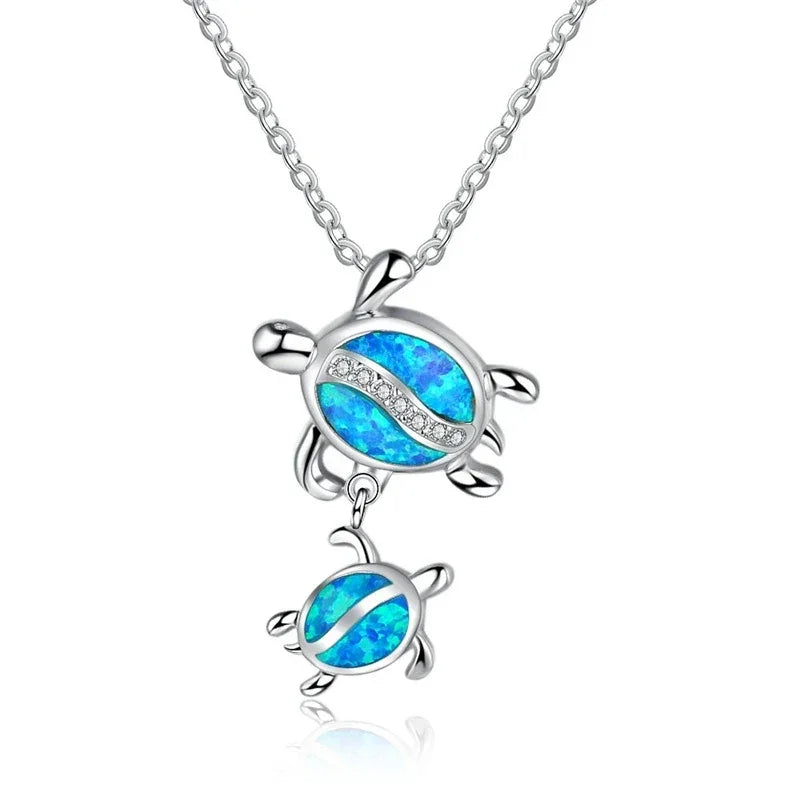 Boho Fashion Sea Animal Dolphin Pendant Necklace for Women Girl Inlay Imitation Blue Opal Necklace Wedding Party Jewelry