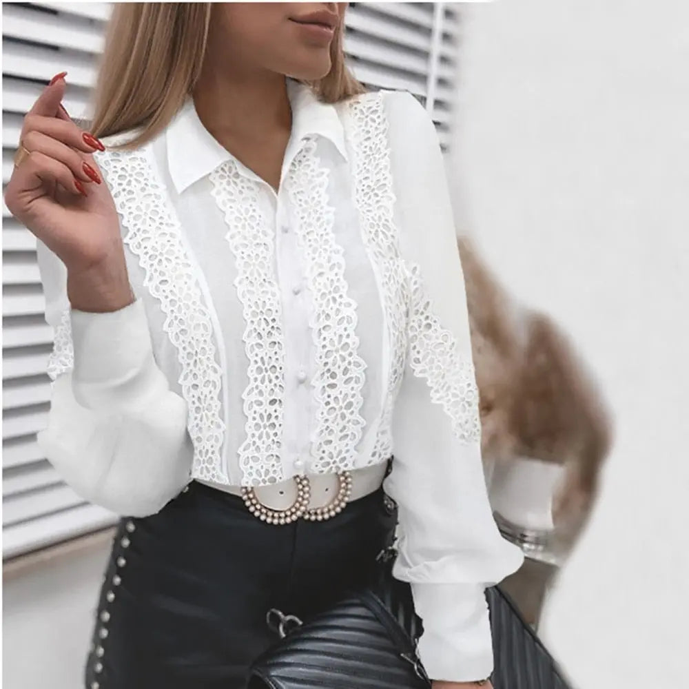 Women Sexy White Lace Patchwork Hollow Out Shirt Blouse Long Sleeve O-Neck Mesh Tops 2023 Spring prink elegant Button Shirts