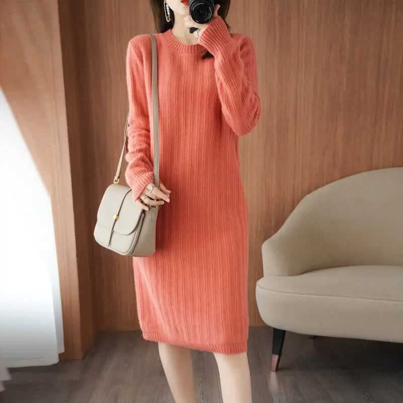 New 100%Pure Cashmere Knit Dress Women Wool Long Sweater Wild Over-Knee Bag Buttocks Large Size 2021Winter Long Skirt Thick Warm - LUXLIFE BRANDS
