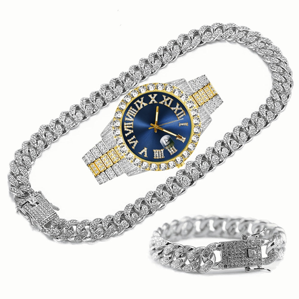 Iced Out Watch, Mens Cuban Link Chain Jewelry