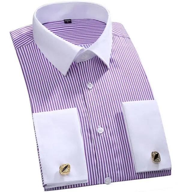 Men&#39;s Classic French Cuffs Striped Dress Shirt Single Patch Pocket Standard-fit Long Sleeve Wedding Shirts Cufflink Included