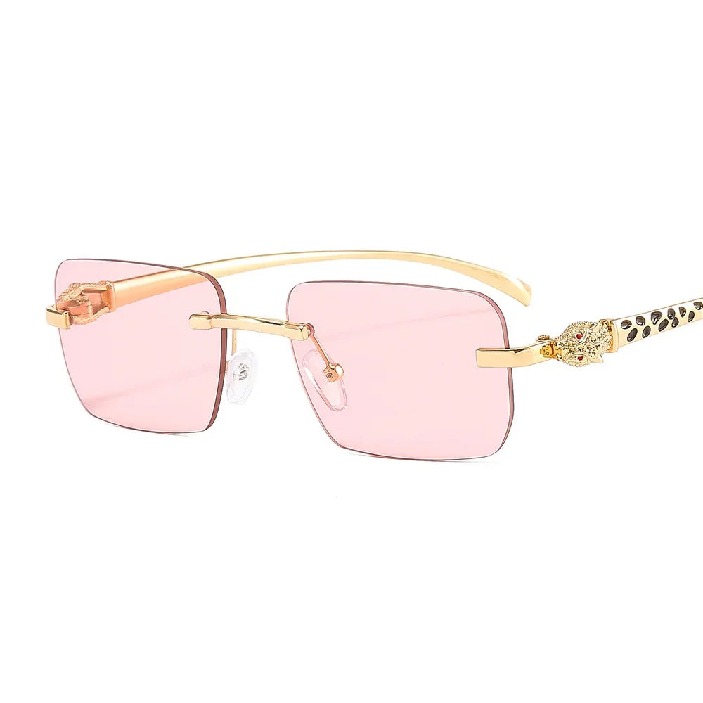 Vintage Fashion Rimless Small Square Sunglasses Women Men Luxury Brand Designer Travel Driving Metal Leopard Head Sun Glasses Luxlife Brands